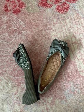 Olive Green Beaded Bow Ballet Flats
